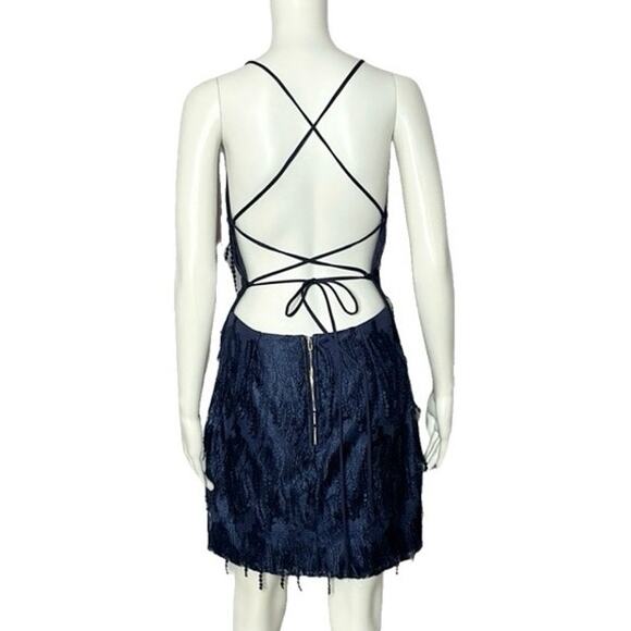Lulu’s Making Magic Navy Blue Fringe Lace-Up Mini Dress Size Large - Picture 5 of 8